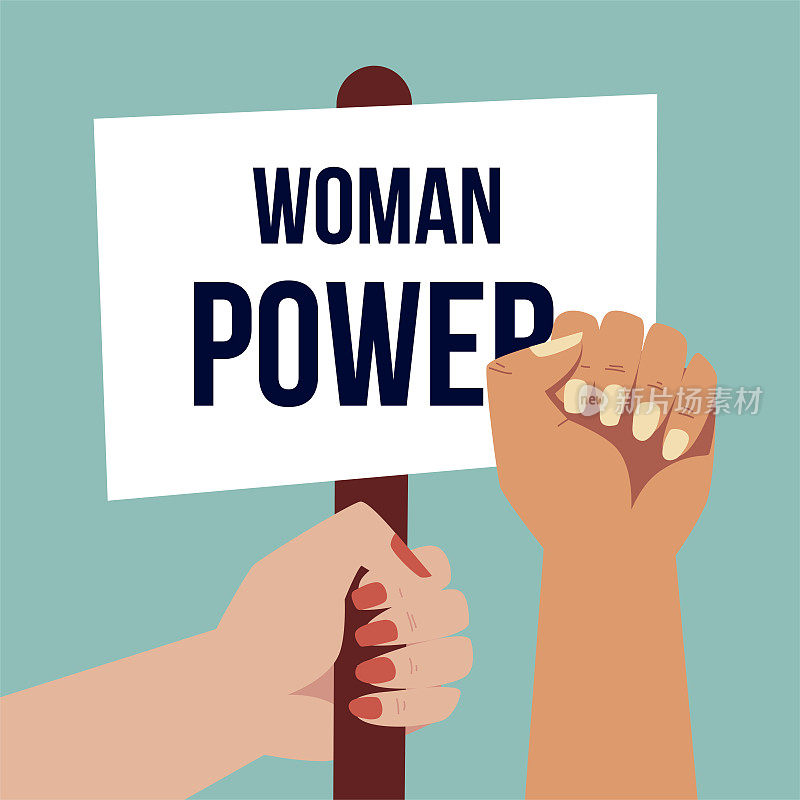 womens day, hand with placard and raised arm in cartoon style